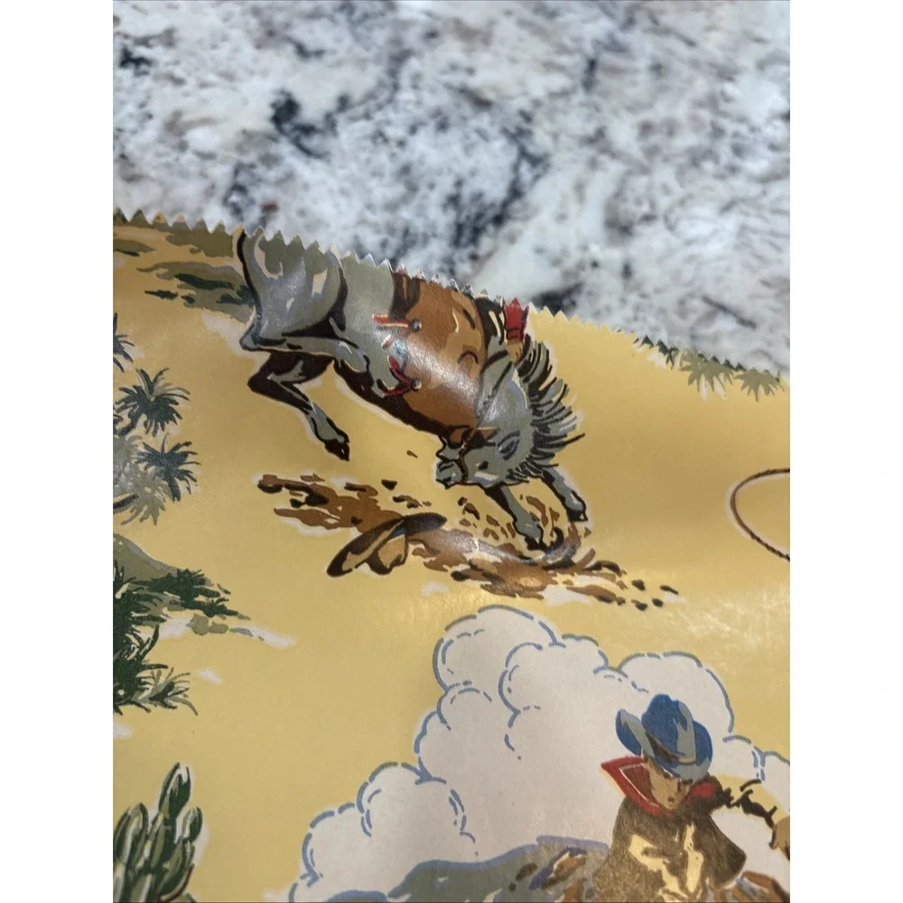 VTG Sheet of Cowboy Wrapping Paper 25 1/2x30 Horses‎ Cow Saddle Wild West Lasso